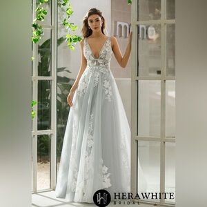 HERA WHITE Prom Plunging V-neck Floral Motifs Wedding Dress SZ 10 Grey/ivory